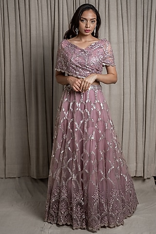 Purple Embroidered Lehenga Set by Varsana Boutique