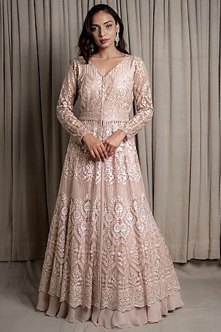 Cream Embroidered Jacket Lehenga Set by Varsana Boutique