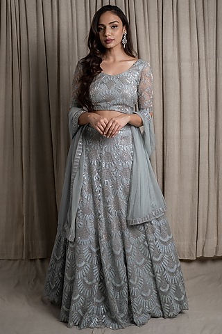Bluish Grey Embroidered Lehenga Set by Varsana Boutique
