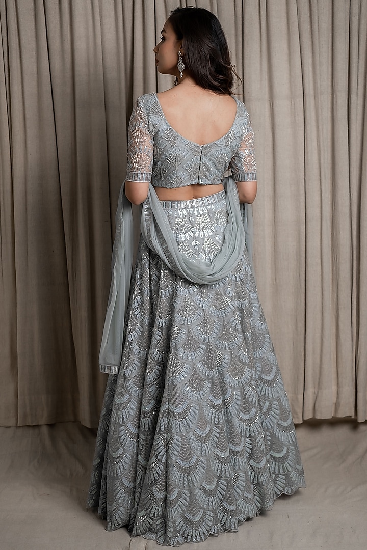 Bluish Grey Embroidered Wedding Lehenga Set by Varsana Boutique at Pernia's Pop Up Shop