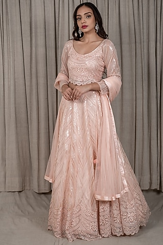 Peach Embroidered Lehenga Set by Varsana Boutique