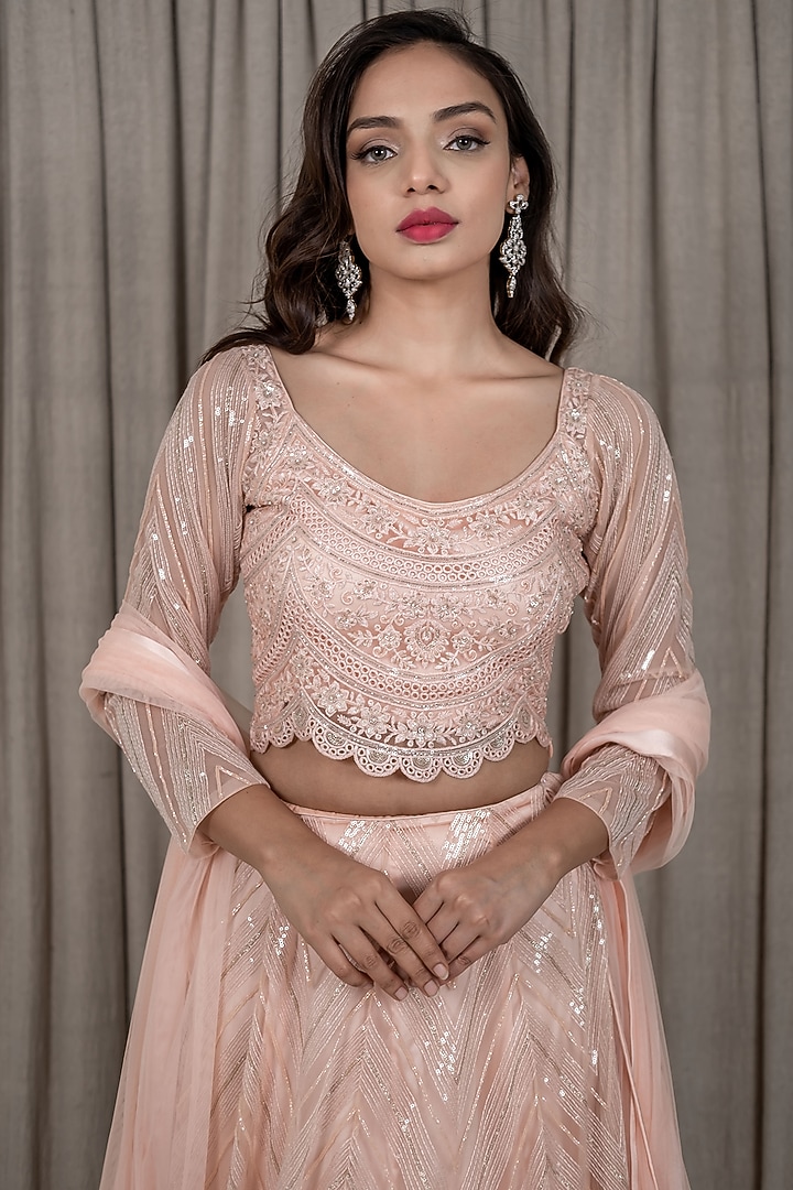 Peach Embroidered Wedding Lehenga Set by Varsana Boutique at Pernia's Pop Up Shop