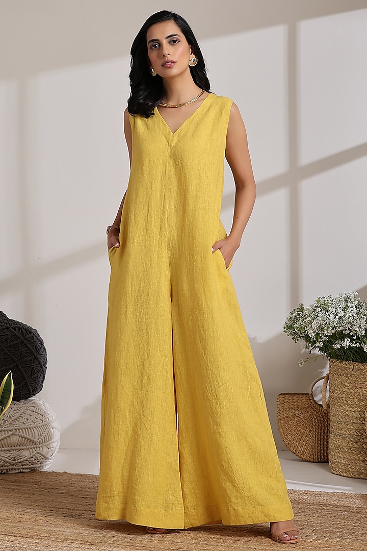 Canary Yellow Linen Jumpsuit Design by Vasstram at Pernia's Pop Up Shop