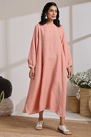 Peach Linen A-Line Dress by Vasstram