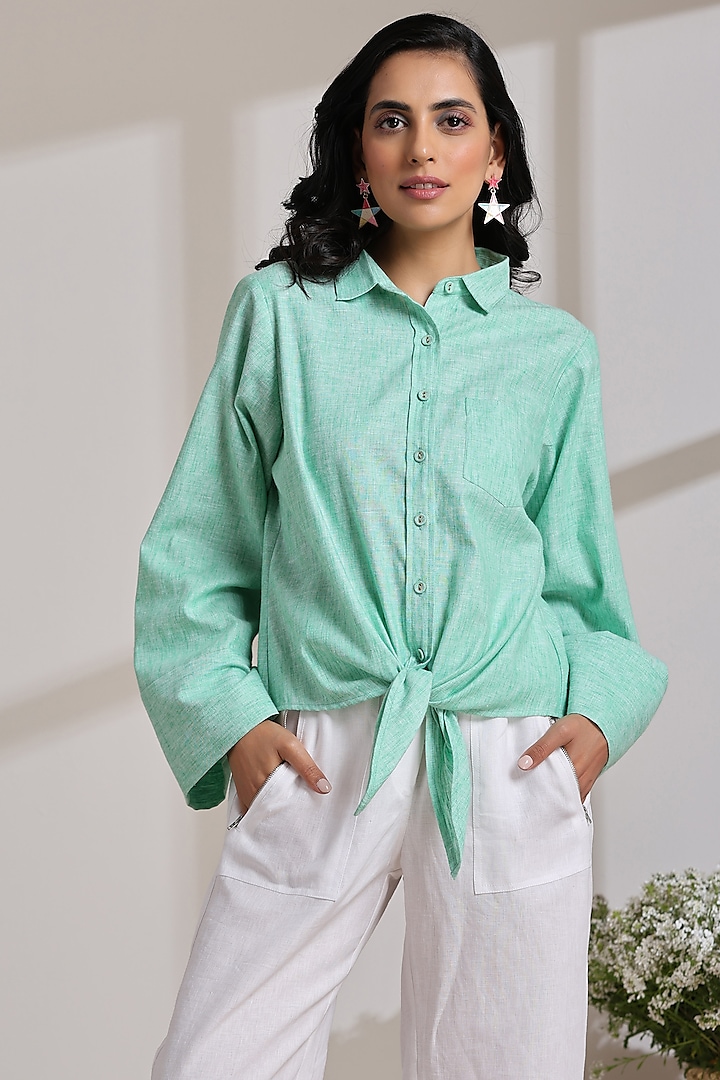 Mint Green Cotton Linen Shirt by Vasstram
