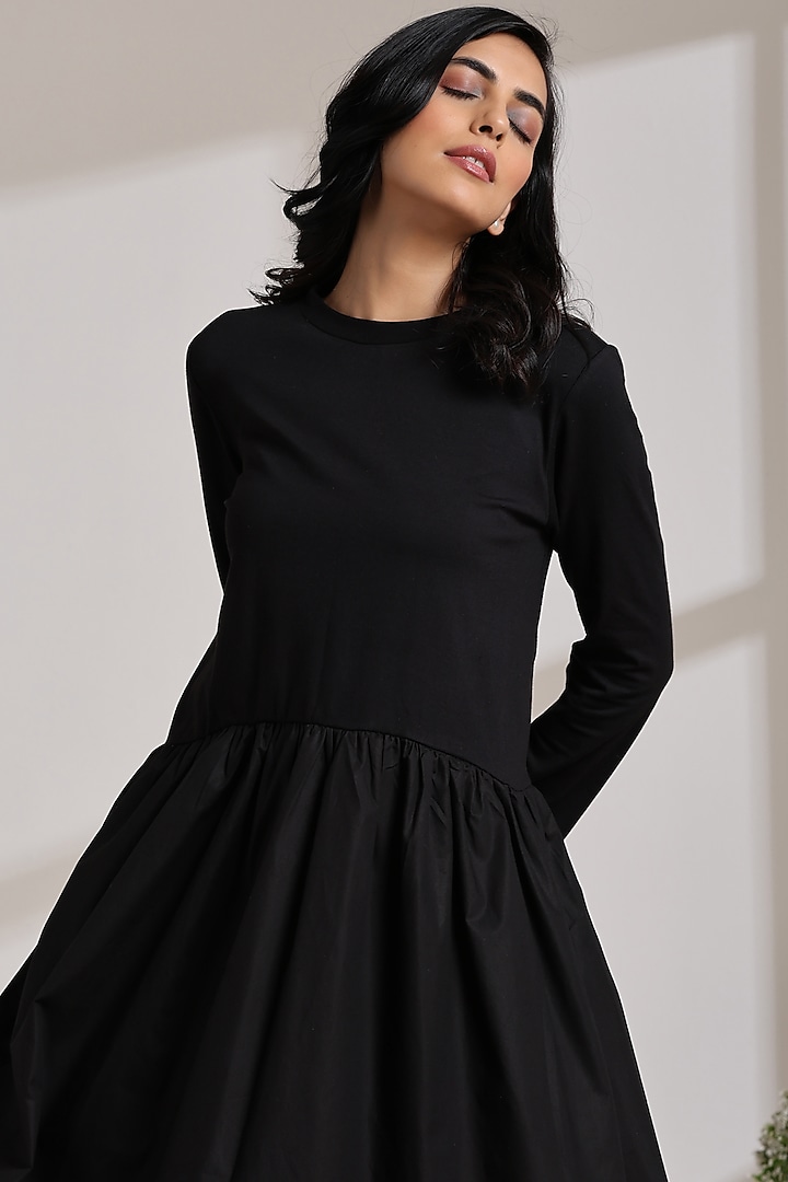 Black Cotton Jersey & Poplin Midi Summer Dress by Vasstram at Pernia's Pop Up Shop