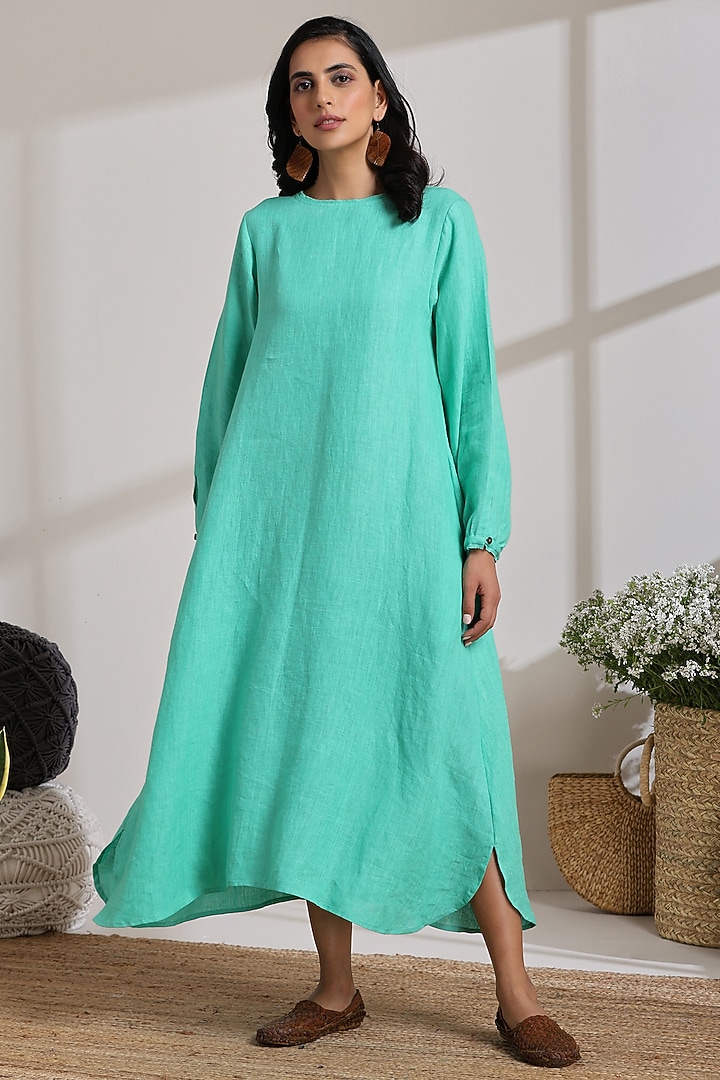 Mint Green Pure Linen A-line Summer Dress by Vasstram at Pernia's Pop Up Shop