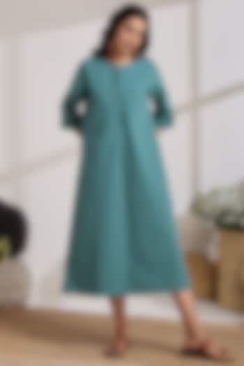 Sage Green Cotton Printed A-line Dress by Vasstram