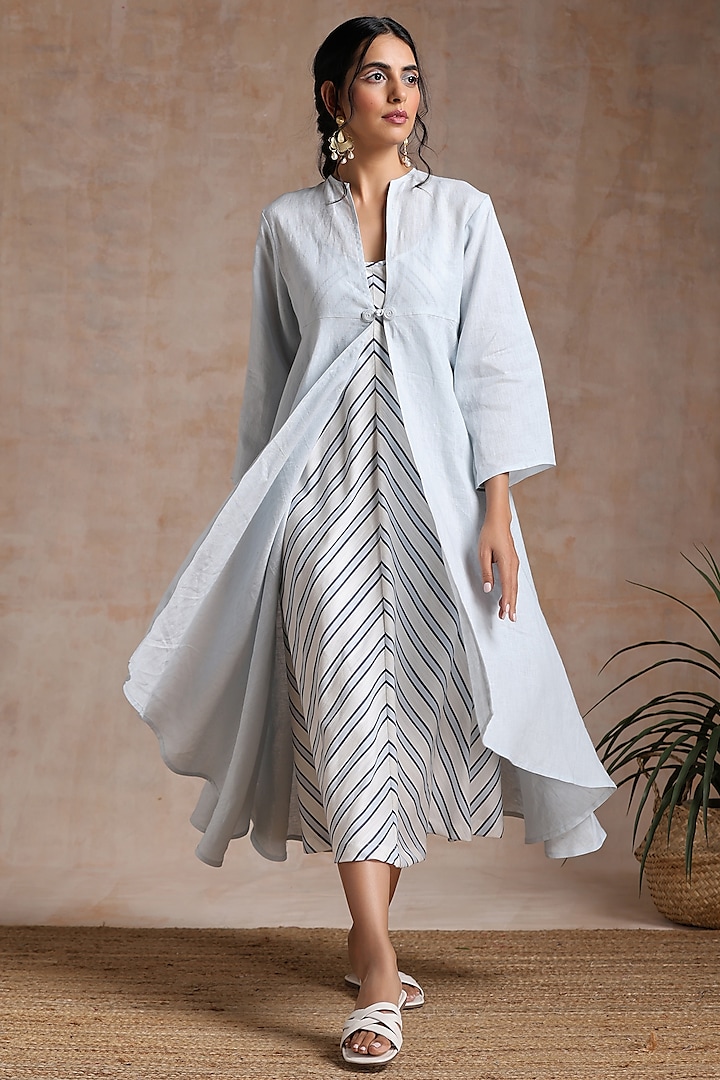 White linen Printed Jacket Dress by Vasstram