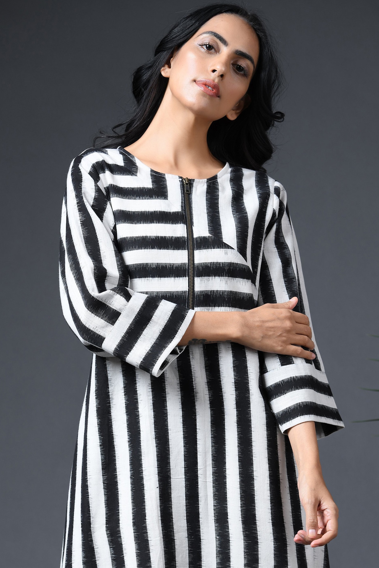 eunha apple black dress Black And Cream Stripe Bodycon Knit Dress – AX Paris main image 1
