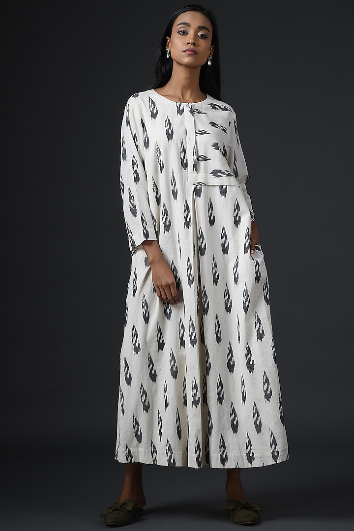 Off-White Handloom Ikat Cotton Dress by Vasstram