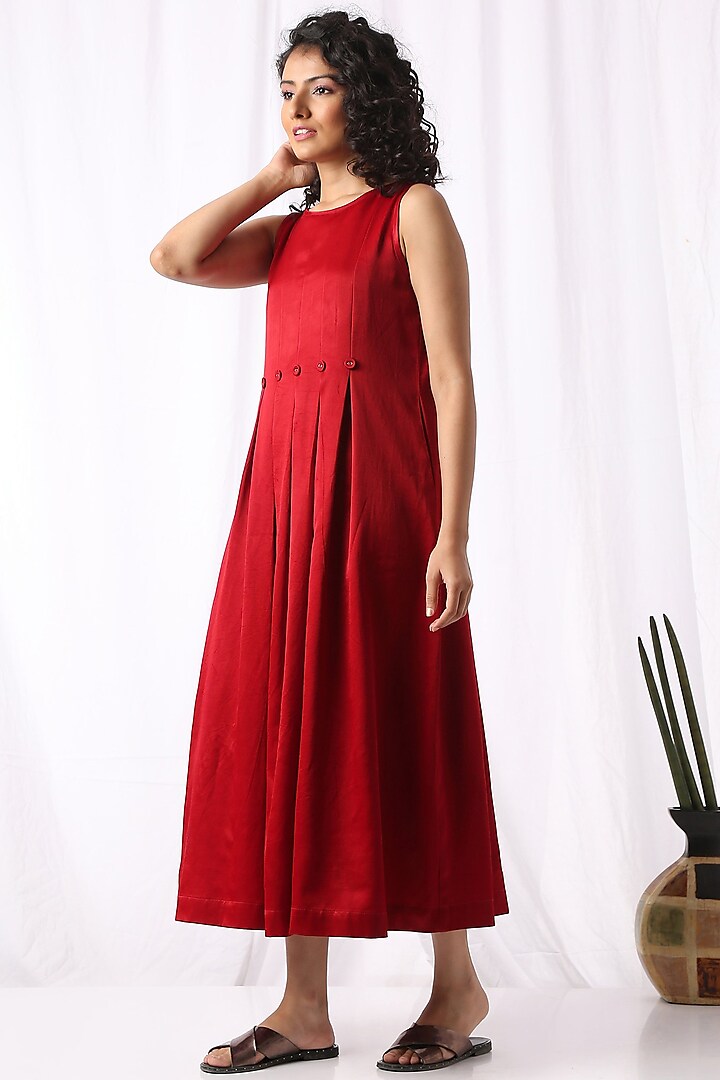 Red Mashru Silk Pleated Dress by Vasstram