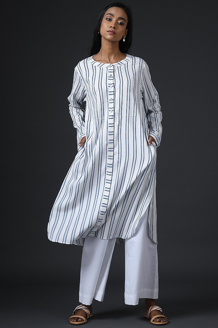 White & Blue Striped Tunic by Vasstram