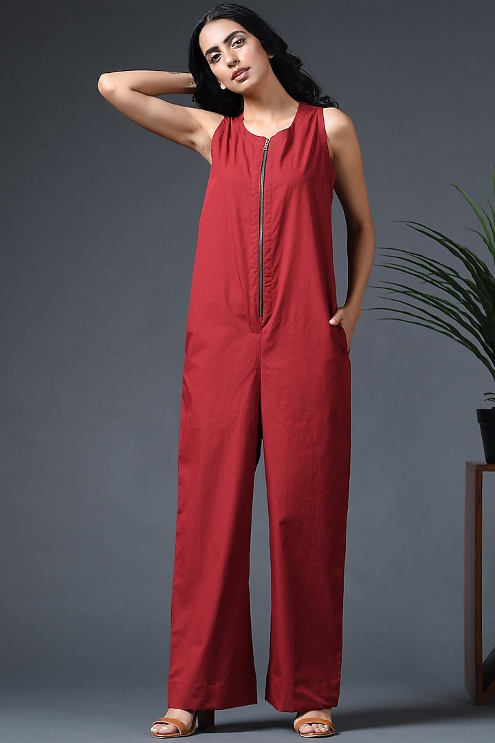 Maroon Pure Cotton Jumpsuit by Vasstram at Pernia's Pop Up Shop