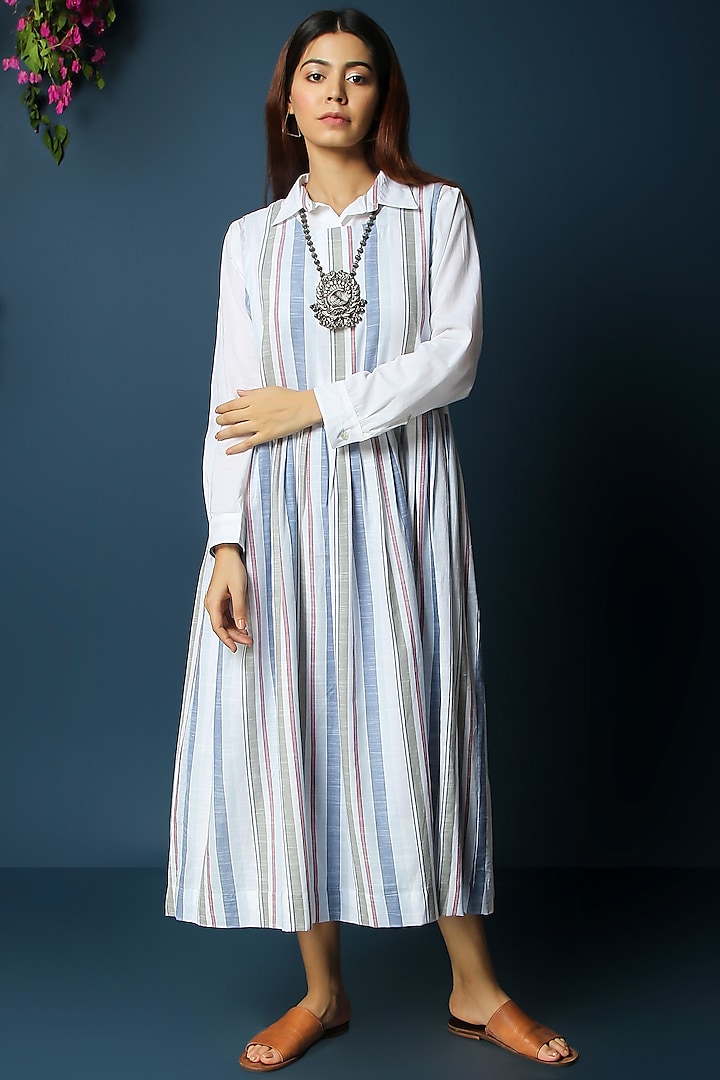Multi-Colored Cotton Linen Gathered Dress by Vasstram