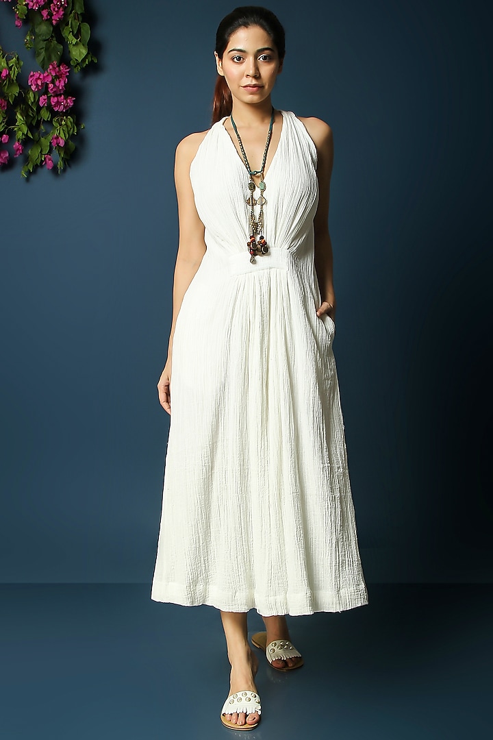 White Smocked Midi Dress by Vasstram