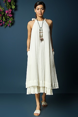 White Crepe Cotton Layered Dress by Vasstram