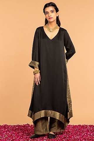 Black Modal Satin Zari Striped Tunic by Vasstram