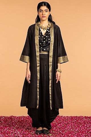 Black Modal Satin Zari Striped Tunic by Vasstram