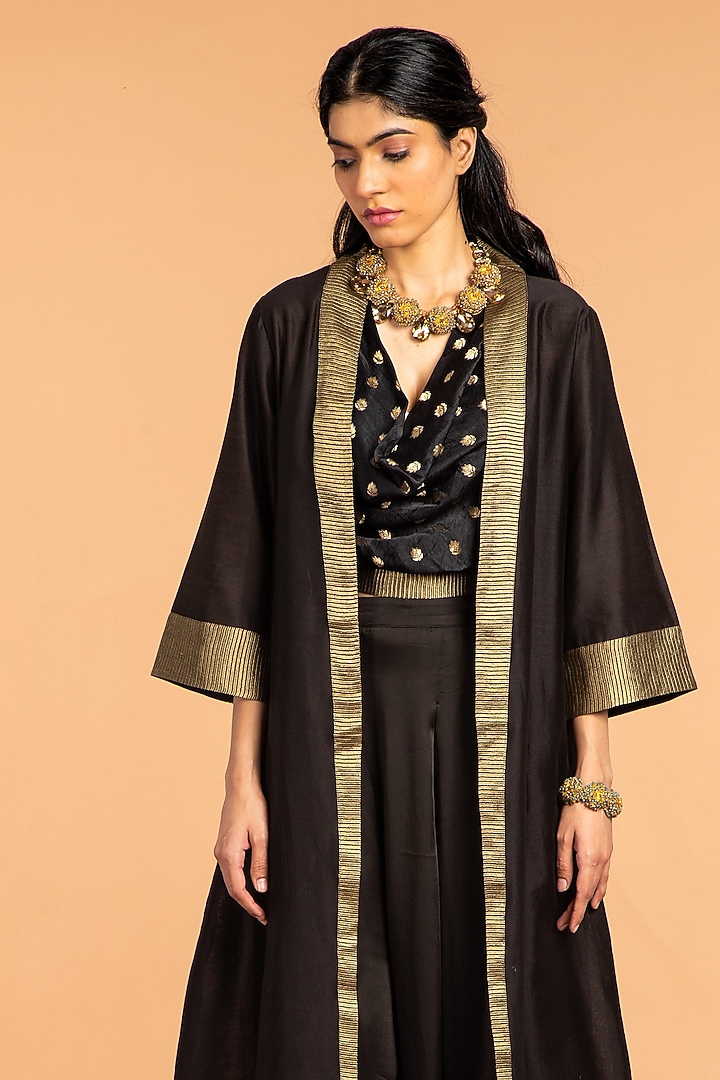 Black Modal Satin Zari Striped Tunic by Vasstram at Pernia's Pop Up Shop