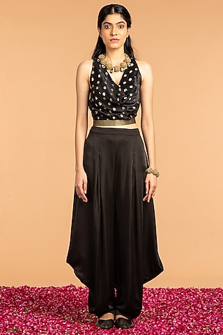 Black Mashru Boota Embroidered Top by Vasstram