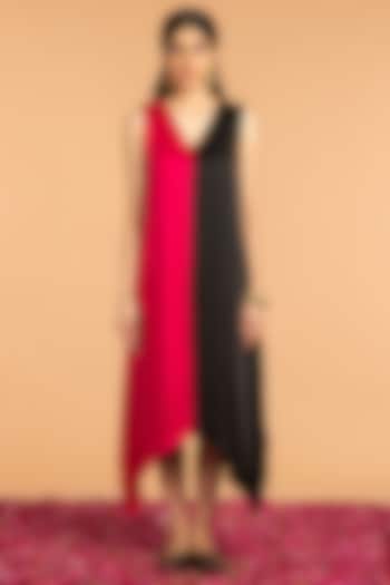 Pink & Black Modal Satin Asymmetrical Dress by Vasstram