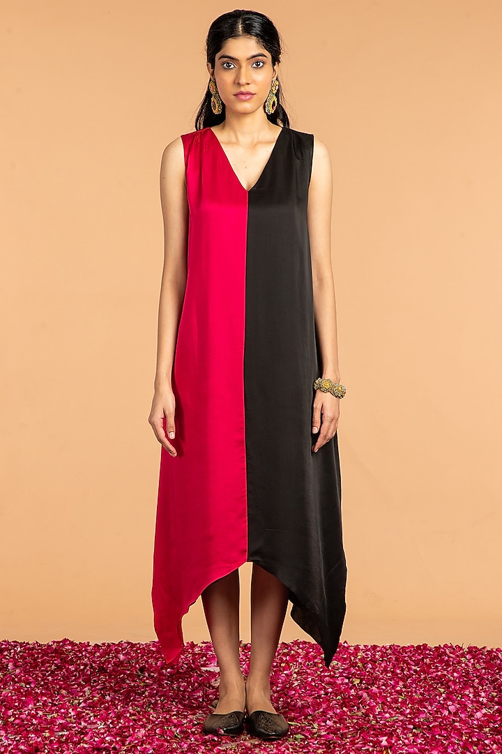 Pink & Black Modal Satin Asymmetrical Dress by Vasstram