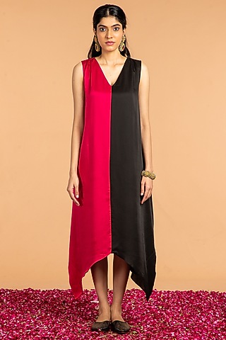 Pink & Black Modal Satin Asymmetrical Dress by Vasstram