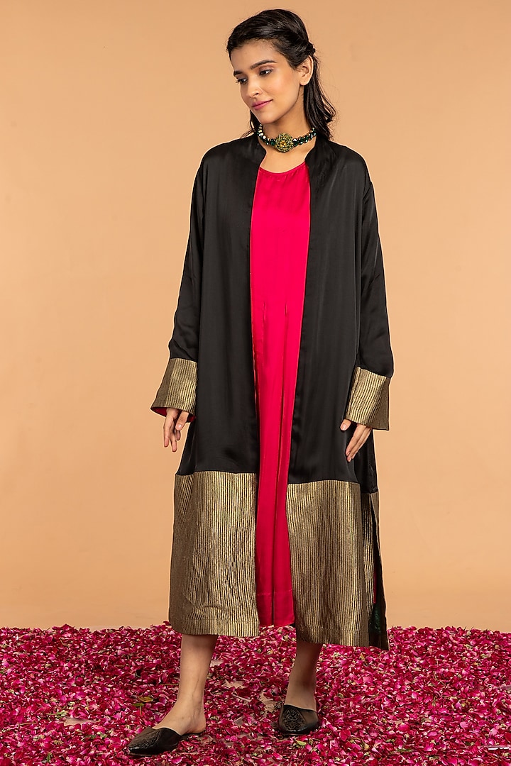 Black & Gold Modal Satin Zari Striped Jacket by Vasstram