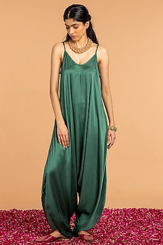 Emerald Green Modal Satin Dhoti Jumpsuit by Vasstram
