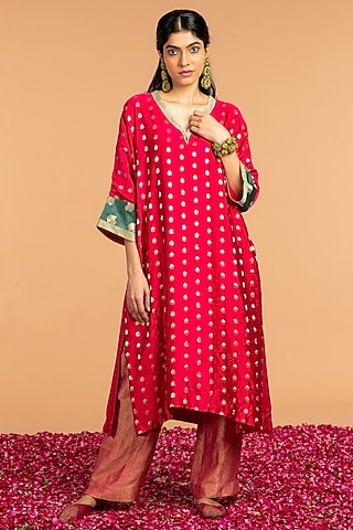 Rani Pink Mashru Boota Embroidered Kaftan by Vasstram