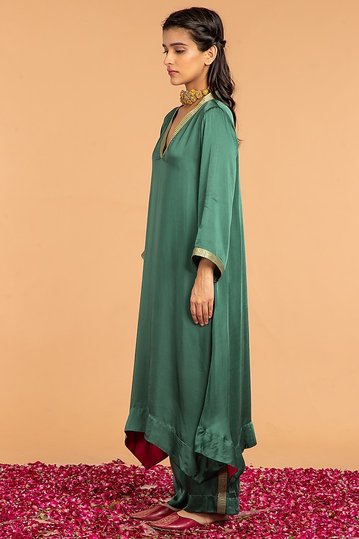 Emerald Green Modal Satin Asymmetrical Kurta by Vasstram at Pernia's Pop Up Shop