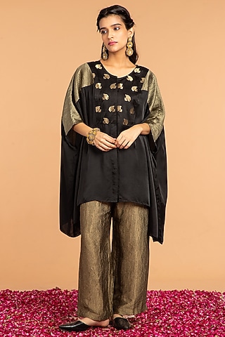 Black Mashru Zari Striped Kaftan by Vasstram