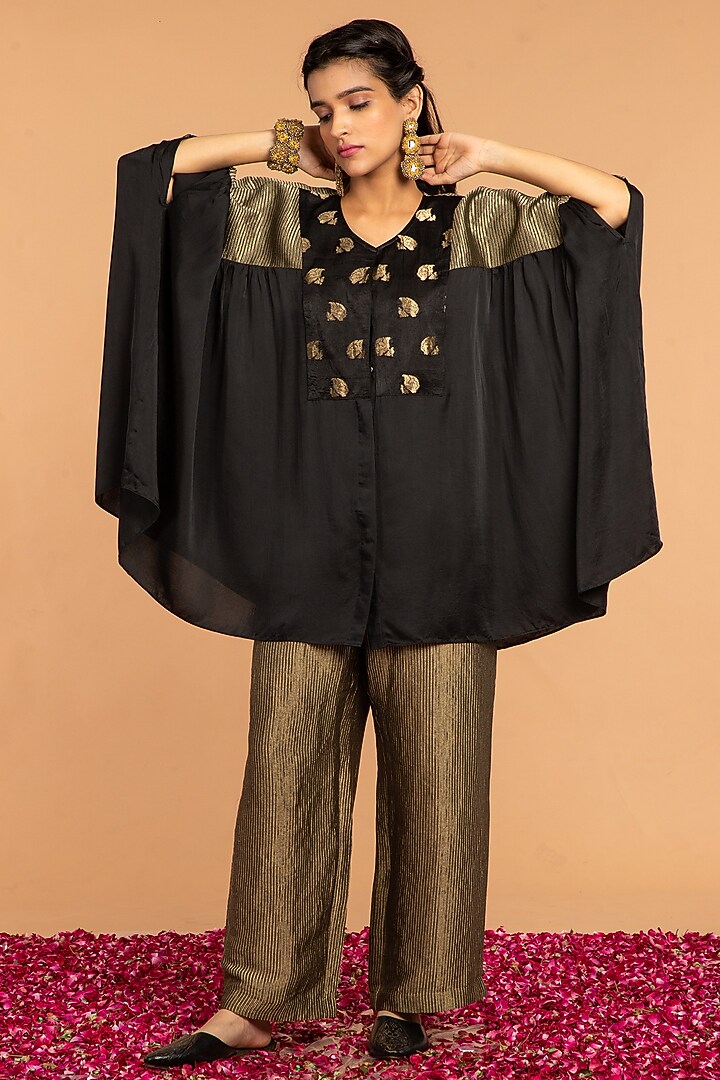 Black Mashru Zari Striped Kaftan by Vasstram at Pernia's Pop Up Shop
