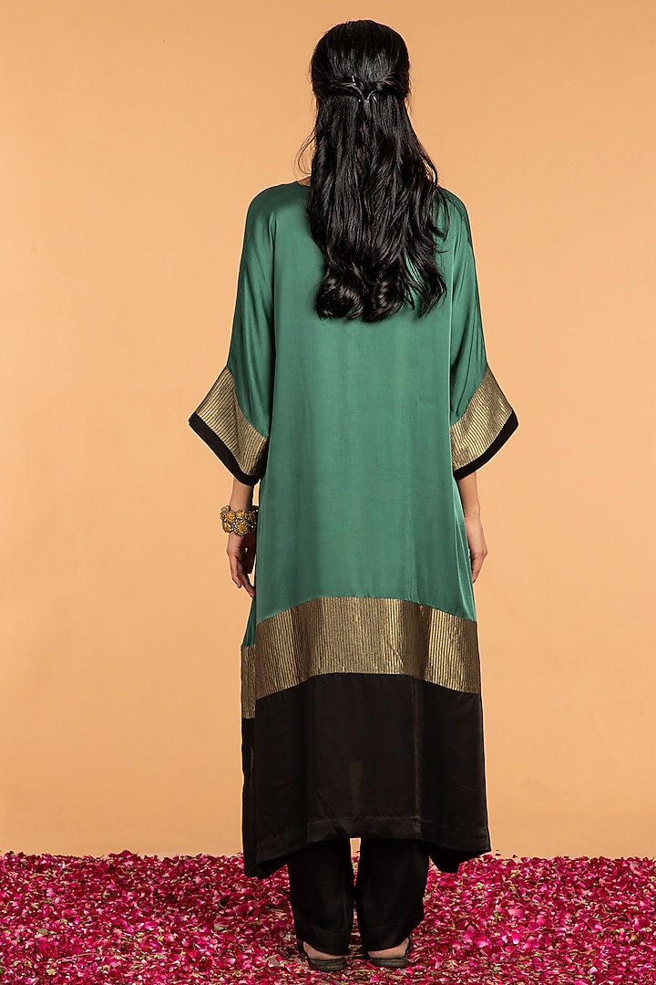 Emerald Green & Black Modal Satin Zari Striped Kaftan by Vasstram at Pernia's Pop Up Shop