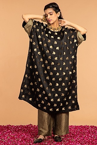 Black Mashru Silk Striped & Boota Embroidered Kaftan by Vasstram