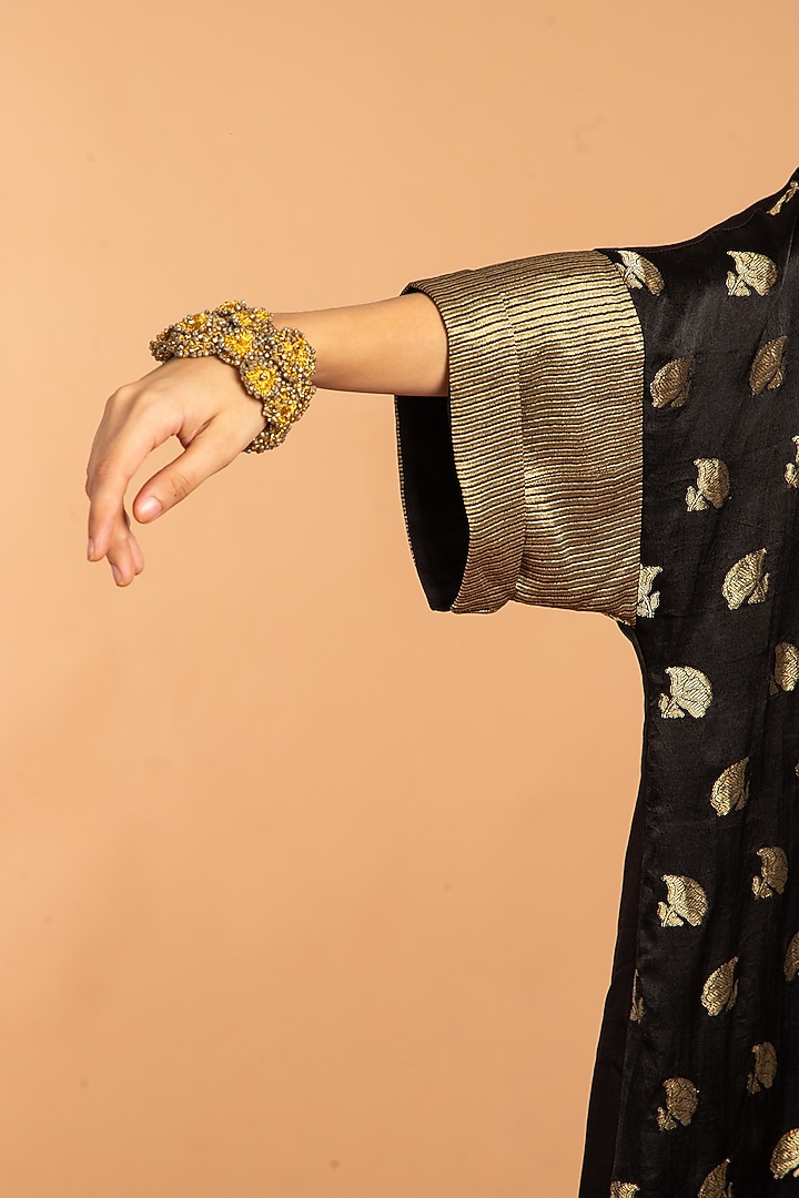 Black Mashru Silk Striped & Boota Embroidered Kaftan by Vasstram at Pernia's Pop Up Shop