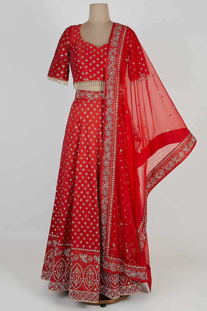 Red Embroidered Lehenga Set by Vandana Sethi