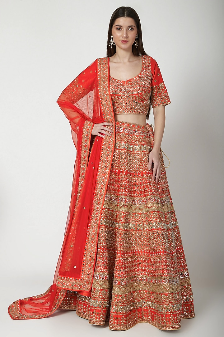 Red Aari Embroidered Lehenga Set by Vandana Sethi