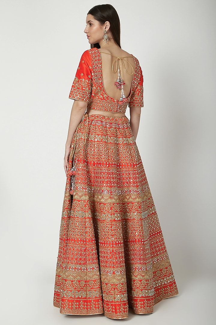 Red Aari Embroidered Wedding Lehenga Set by Vandana Sethi at Pernia's Pop Up Shop