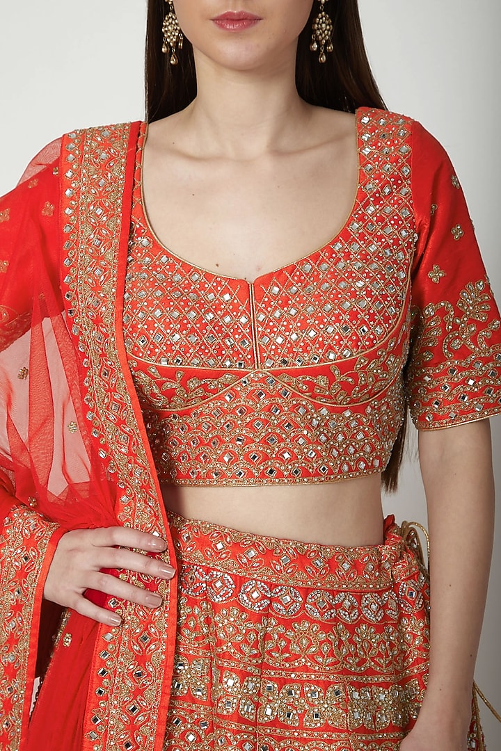 Red Aari Embroidered Wedding Lehenga Set by Vandana Sethi at Pernia's Pop Up Shop