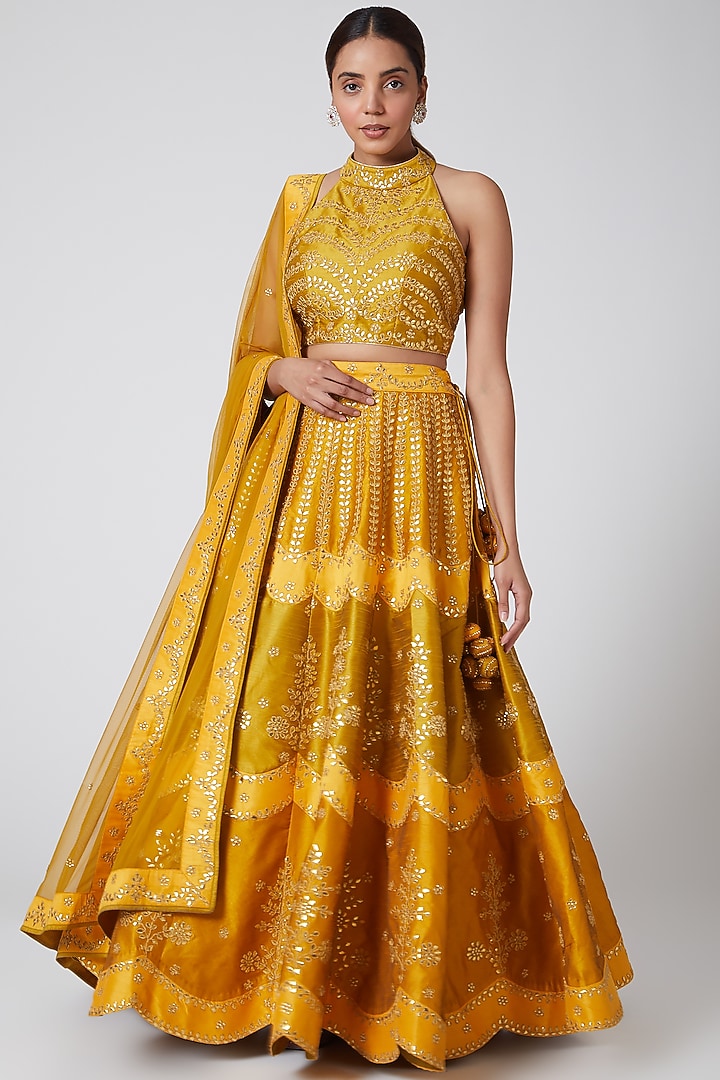 Mustard Embroidered Wedding Lehenga Set by Vandana Sethi at Pernia's Pop Up Shop