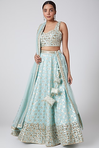 Aqua Blue Embroidered Lehenga Set by Vandana Sethi