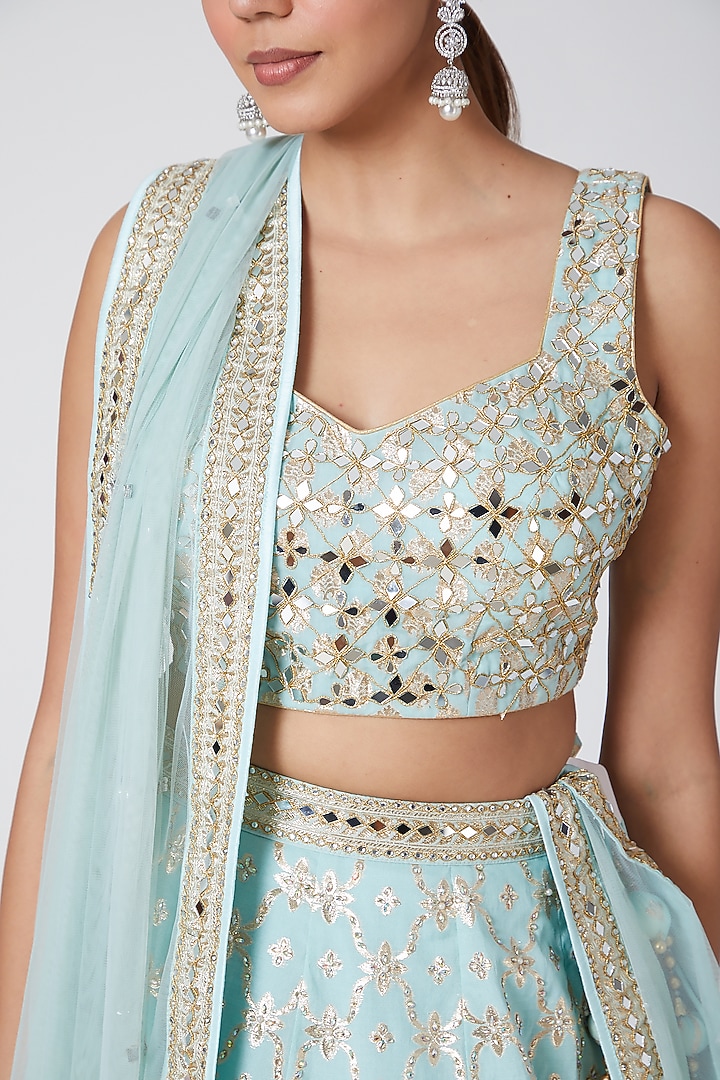 Aqua Blue Embroidered Wedding Lehenga Set by Vandana Sethi at Pernia's Pop Up Shop