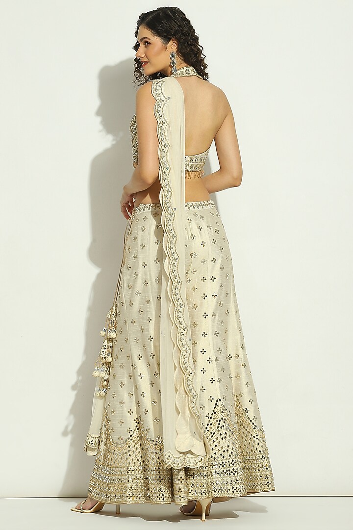 Ivory Shimmer Dupion Silk Mirror Embroidered Bridal Sharara Set by Vandana Sethi at Pernia's Pop Up Shop
