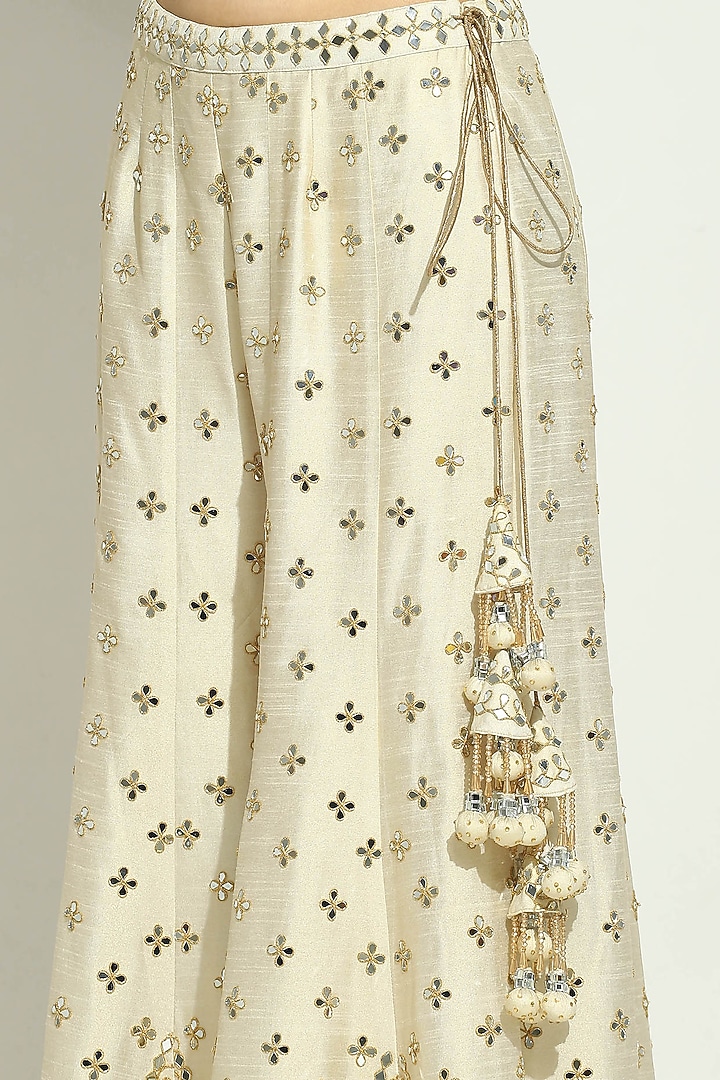 Ivory Shimmer Dupion Silk Mirror Embroidered Bridal Sharara Set by Vandana Sethi at Pernia's Pop Up Shop