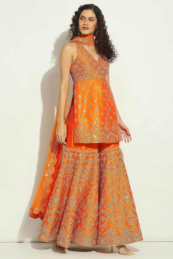 Flame Orange Dupion Silk Mirror Embroidered Gharara Set by Vandana Sethi