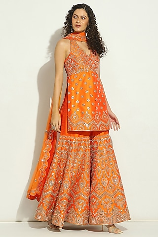 Flame Orange Dupion Silk Mirror Embroidered Gharara Set by Vandana Sethi