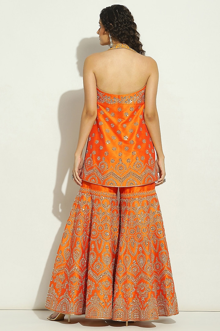 Flame Orange Dupion Silk Mirror Embroidered Gharara Set by Vandana Sethi at Pernia's Pop Up Shop