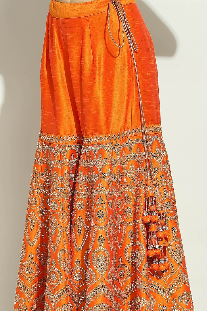 Flame Orange Dupion Silk Mirror Embroidered Gharara Set by Vandana Sethi at Pernia's Pop Up Shop